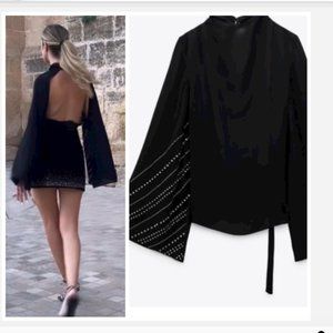 ZARA BLACK SHEER CAPE SLEEVE OPEN BACK BLOUSE WITH RHINESTONES